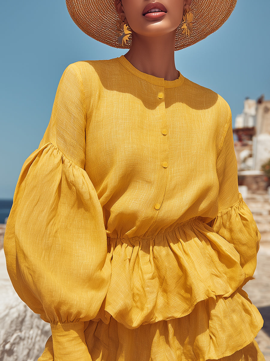 Vacation Casual Pale Yellow Cotton Linen Round Neck Ruffled Mini Dress