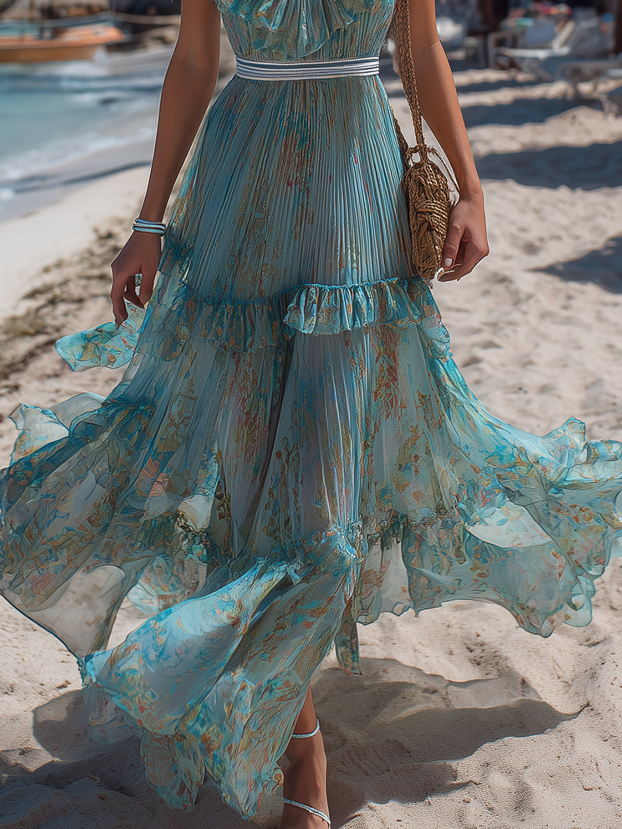 Bohemian Blue-green Chiffon Print Slip Maxi Dress