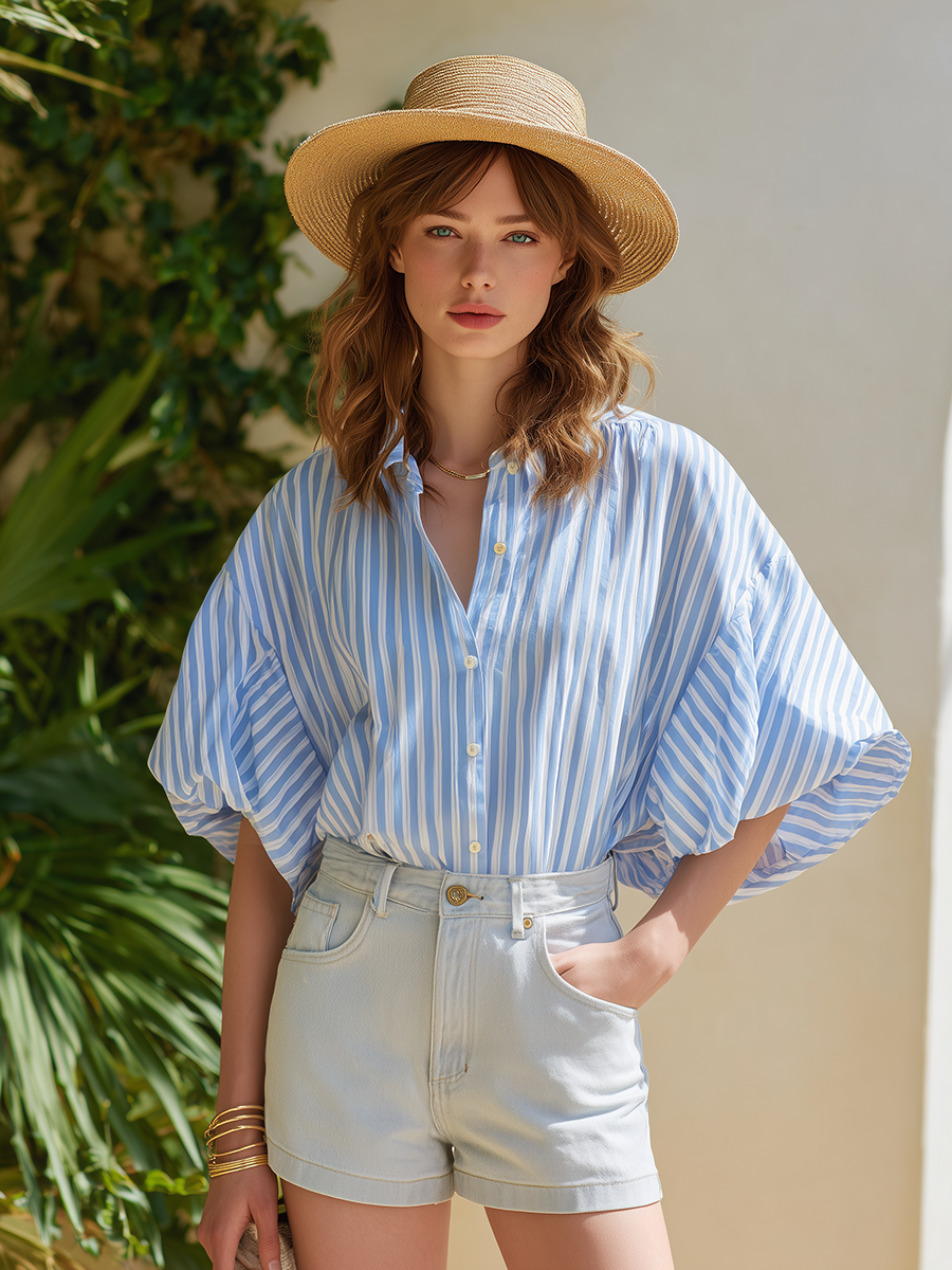 Resort-style Blue And White Striped Short-sleeved Shirt