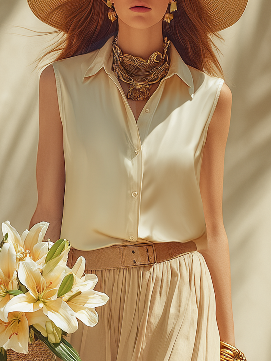 Elegant Vacation Off-white Sleeveless Satin Shirt And Sheer Skirt Set