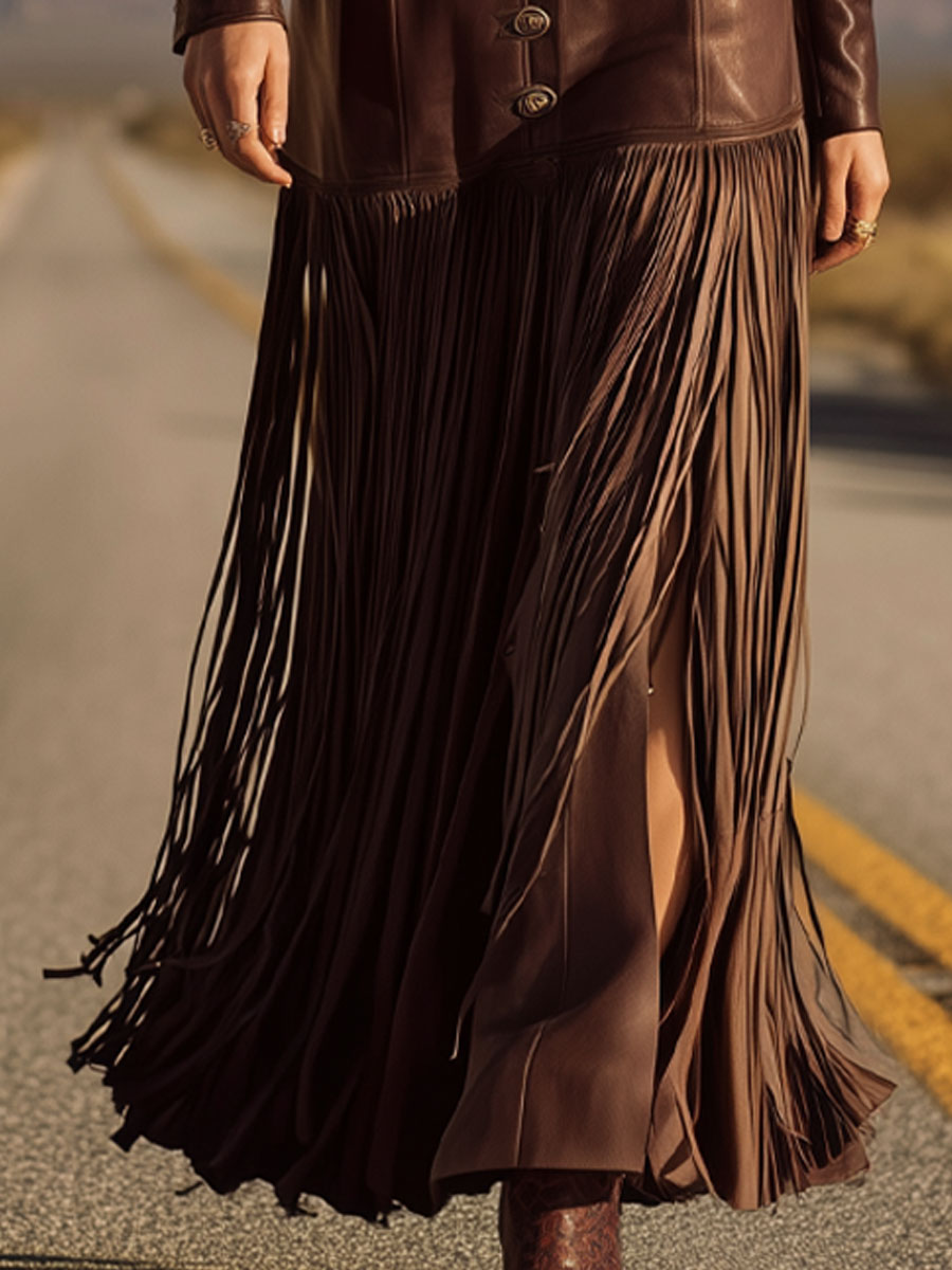 Western Retro Chocolate Brown Eco-Leather Lapel Tassel Long Sleeve Maxi Dress