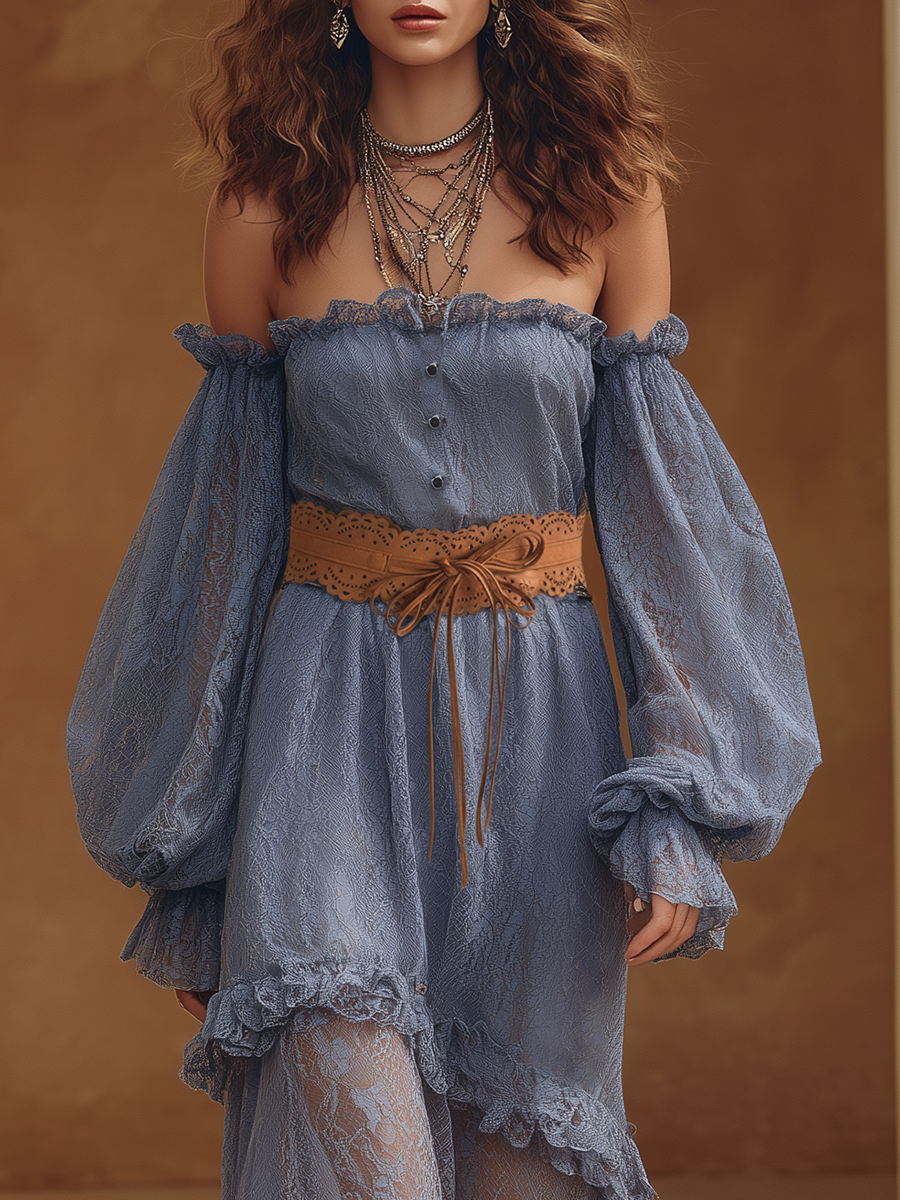 Elegant Bohemian Off-Shoulder Gray-Blue Lace Maxi Dress