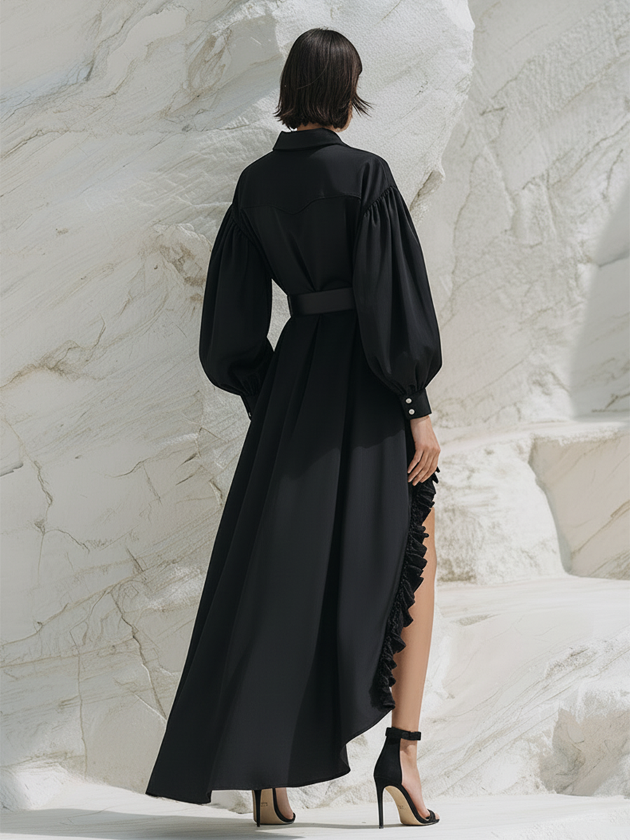 Premium Ruffled Irregular Hem Black Satin Maxi Dress