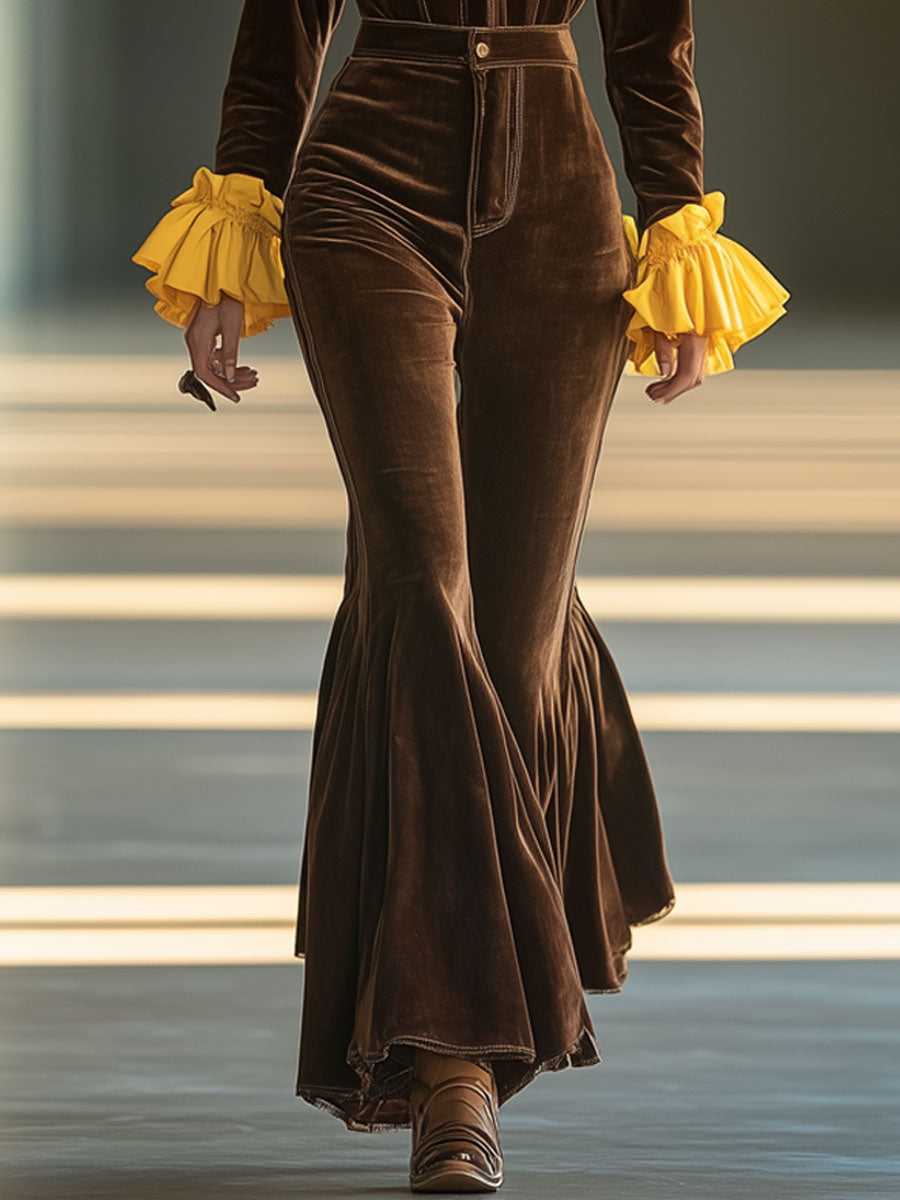 Vintage Brown Velvet Contrast Bell Sleeve Ruffle Jumpsuit
