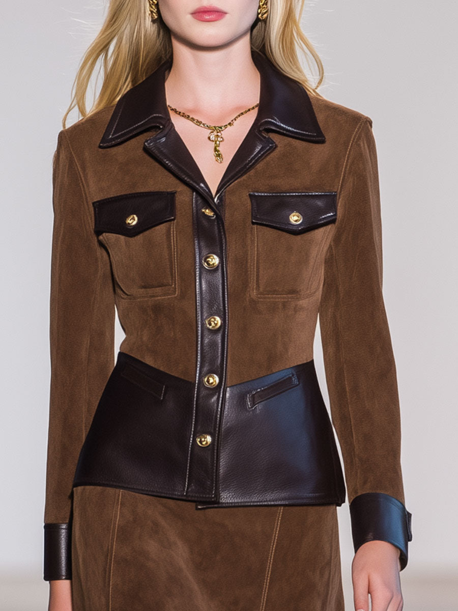 Retro Fashion Faux Suede And Faux Leather Brown Midi Skirt Set