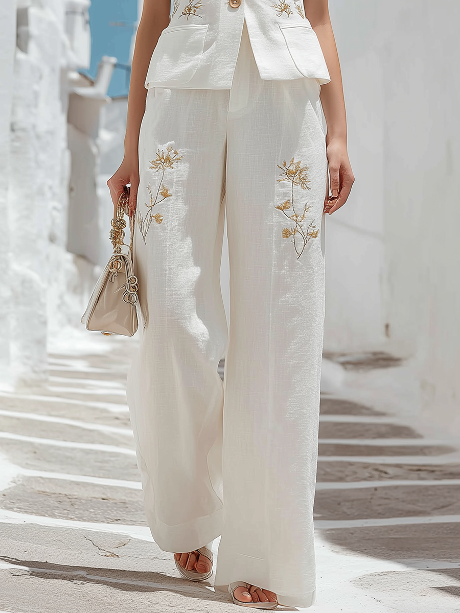 Vacation-style White Embroidered Sleeveless Top And Trousers Set