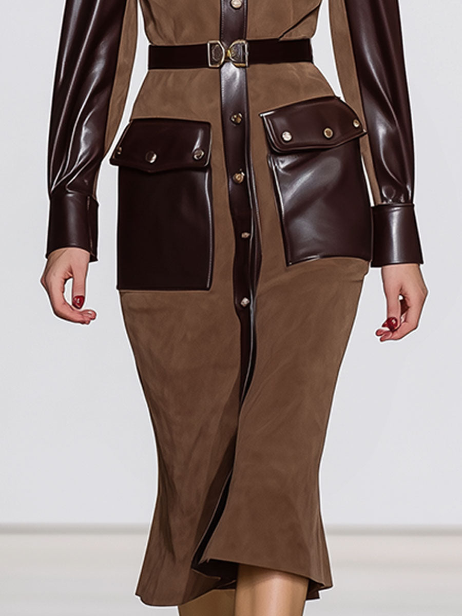 Vintage Fashion Faux Suede And Faux Leather Brown Midi Dress