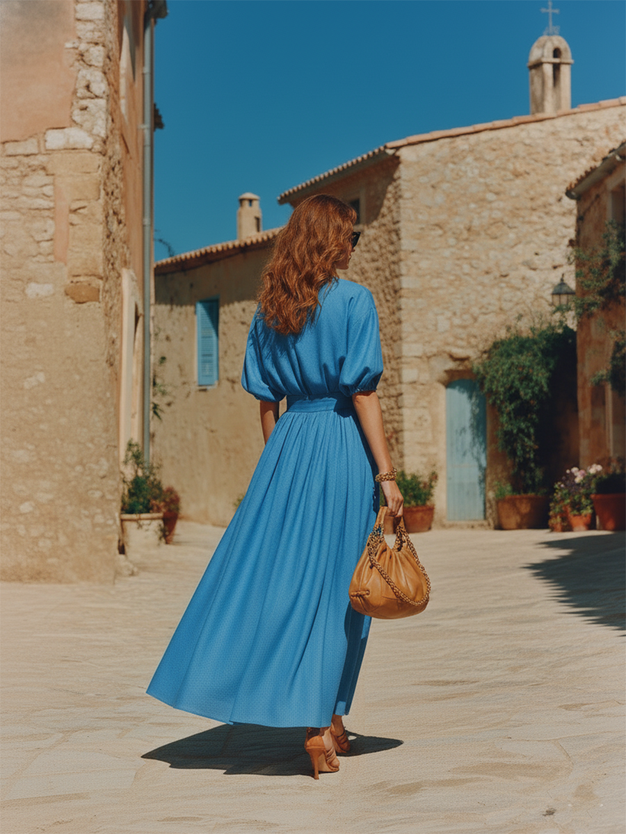 Blue Vacation-style Short-sleeved Top And Skirt Set