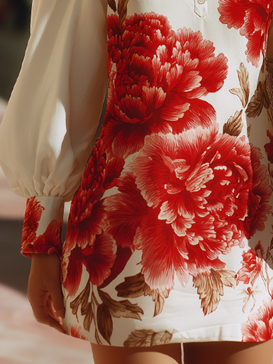 Elegant Vacation-style Red Floral Print Satin Mini Dress