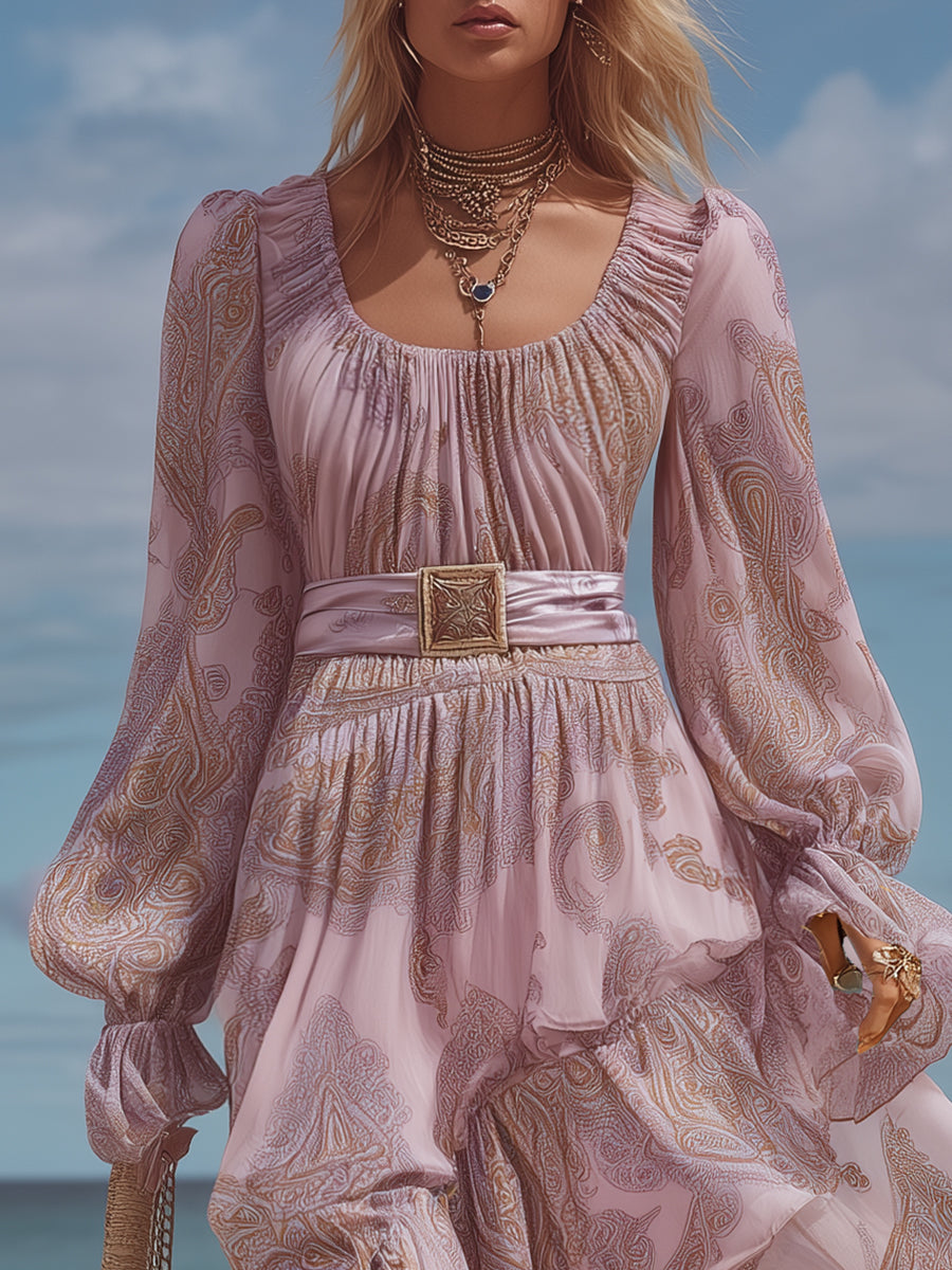 Bohemian Resort Style Light Pink Chiffon Floral Print Irregular Hem Maxi Dress