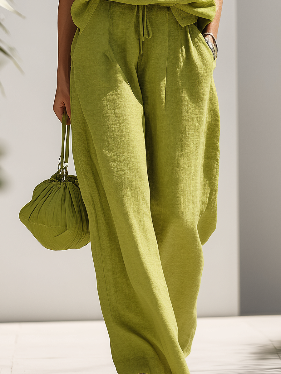 Vacation-style Cotton And Linen Sleeveless Round-neck Top And Trousers Set