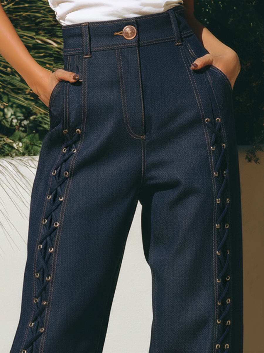 Resort Style Drawstring Loose Denim Pants