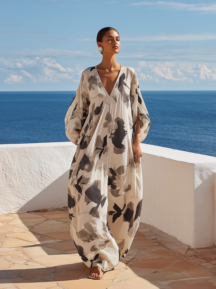Loose Vacation Black Printed Maxi Dress