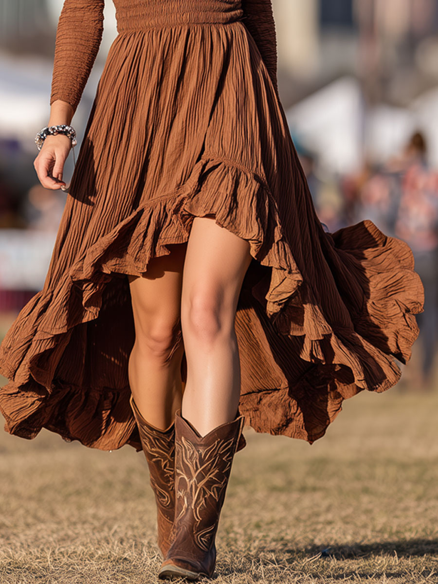 Western Retro Caramel Textured Pleated Long Sleeve Ruffled Midi Dress