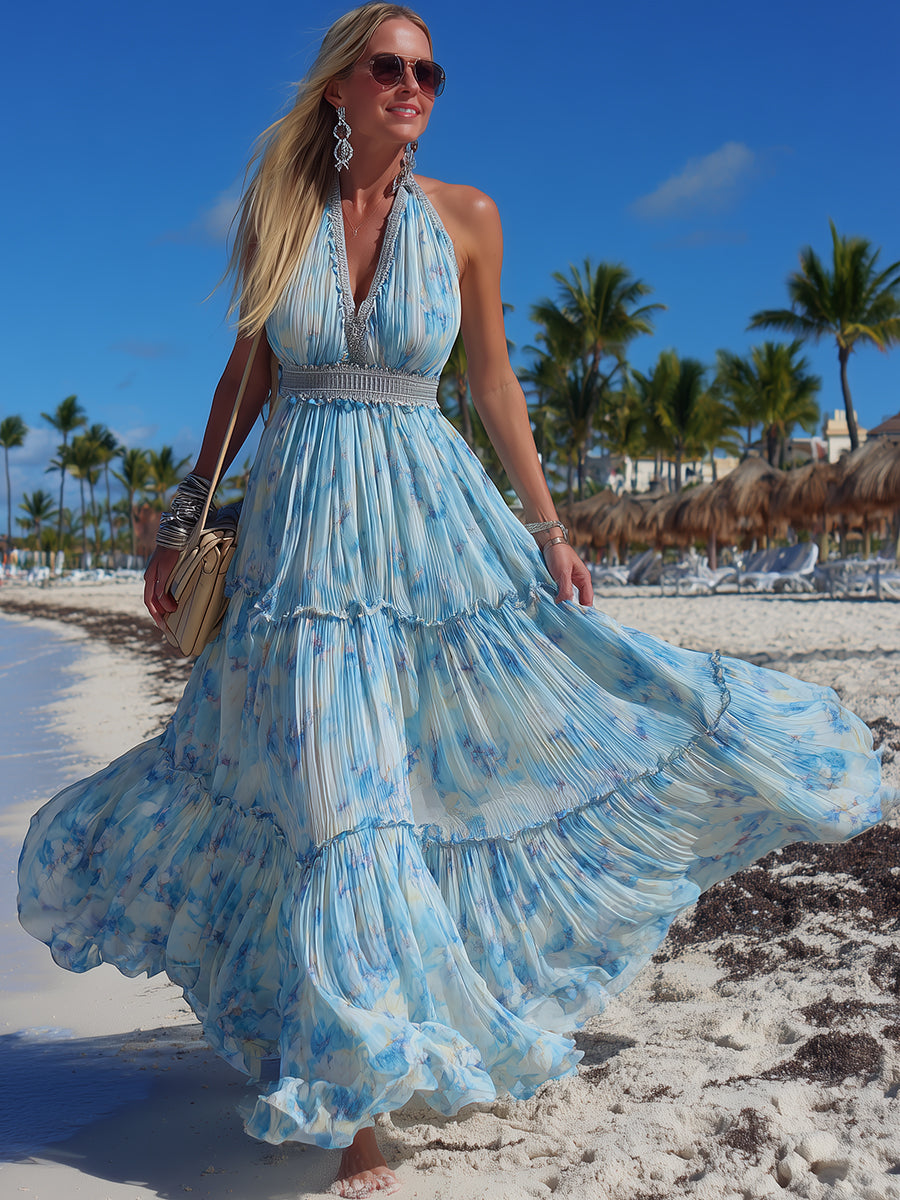 Bohemian Light Blue Chiffon Printed Halter Neck Pleated Maxi Dress