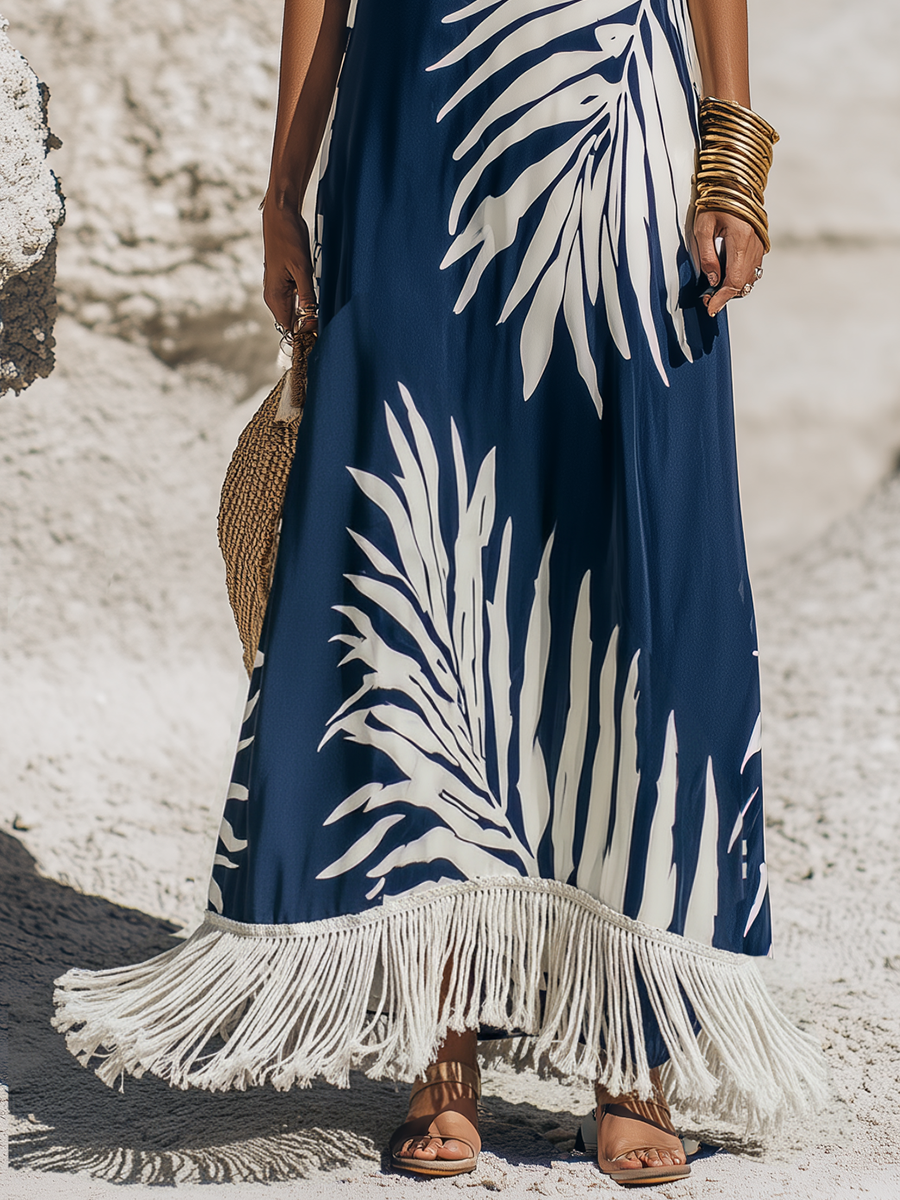 Bohemian Braided Neckline White Print White Fringed Hem Dark Blue Satin Maxi Dress