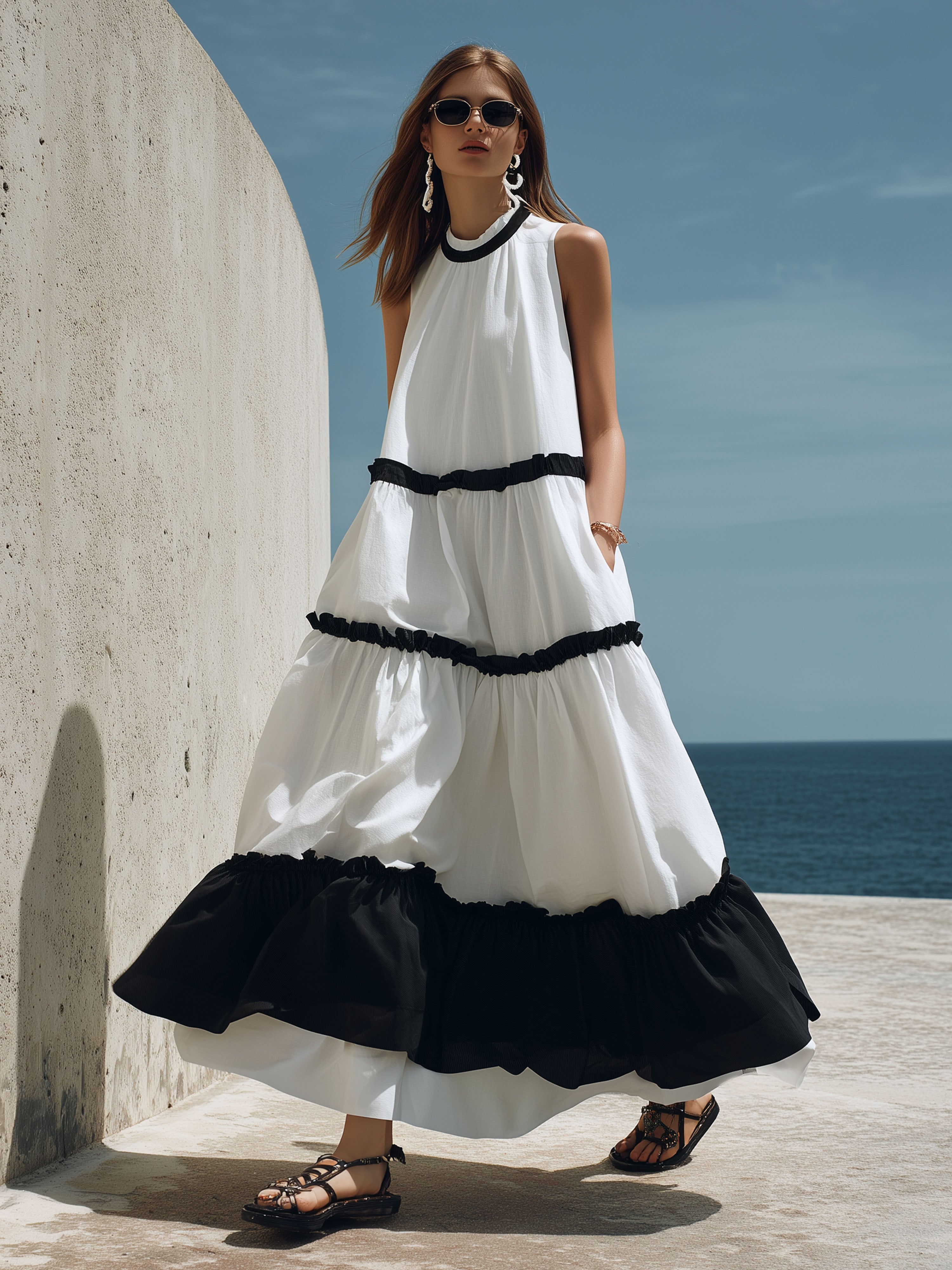 Elegant White Cotton-Linen Patchwork With Black Lace Trim Maxi Dress