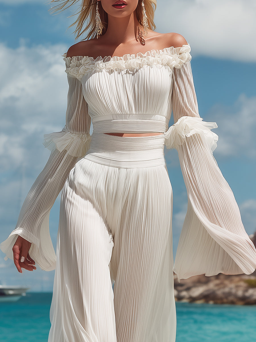 Luxury Resort Style: Off-the-shoulder Ruffled White Chiffon Pleated Top And Wide-Leg Pants Set