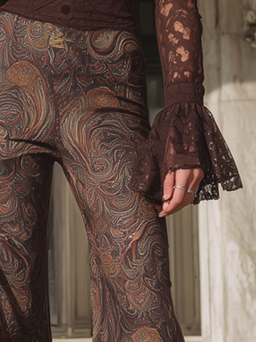 Vintage Bohemian Holiday Brown Lace Flared Long Sleeve Shirt