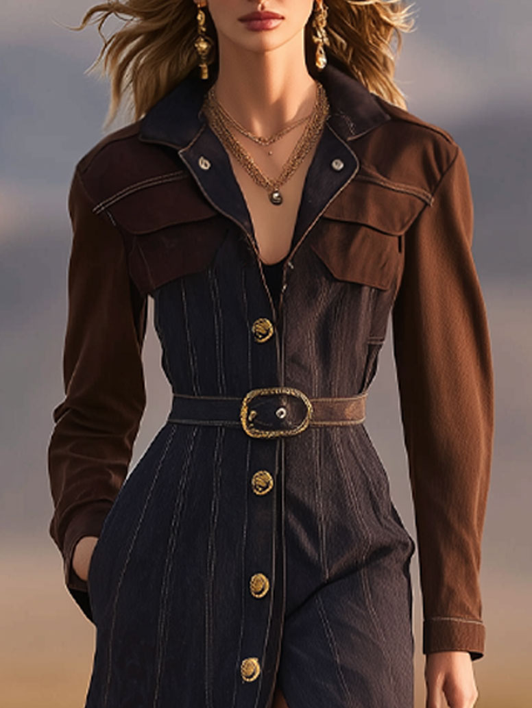 Retro Casual Dark Blue And Brown Washed Denim Lapel Open Waist Long Sleeve Midi Dress