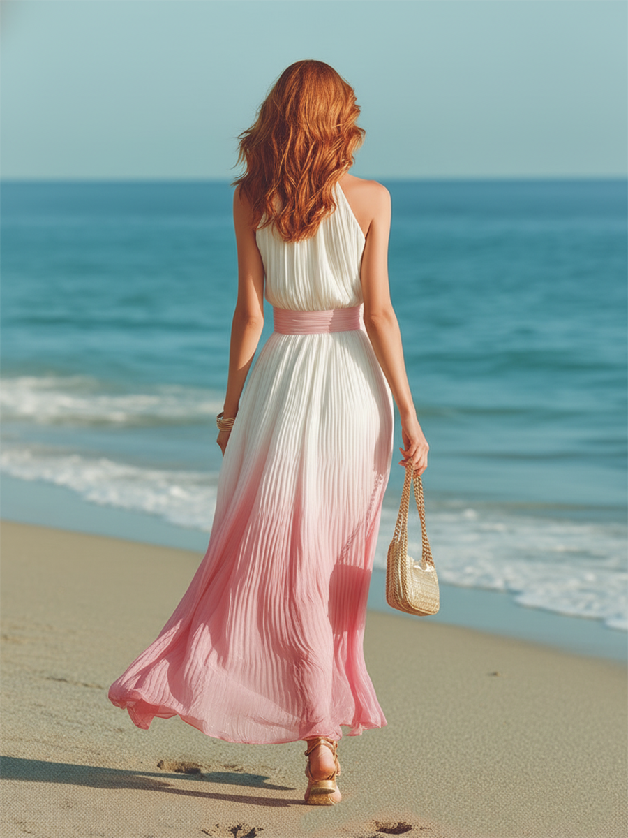Vacation-style Round-neck Chiffon Gradient Maxi Dress