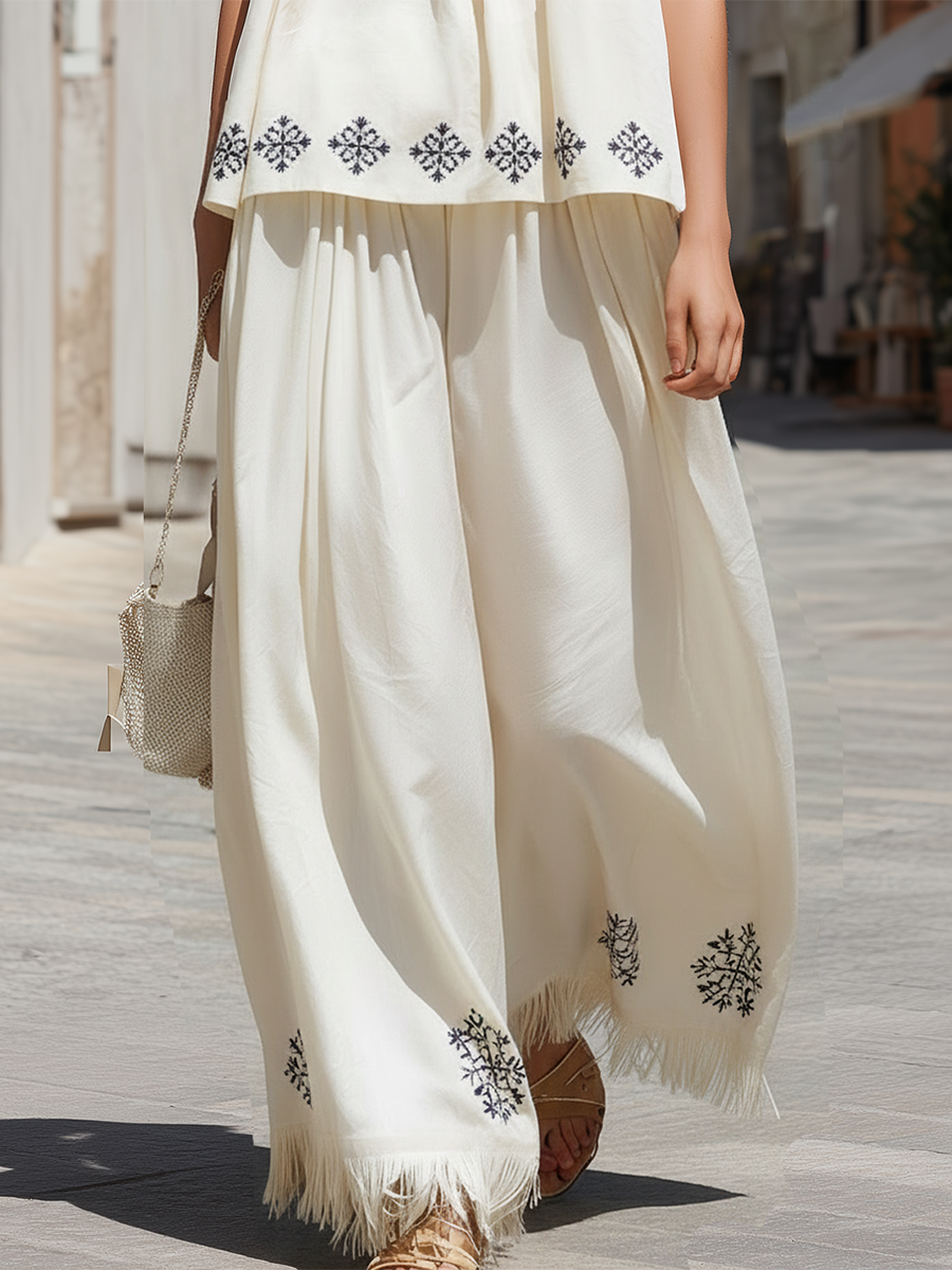 Bohemian Style White Sleeveless Embroidered Top And Trousers Set