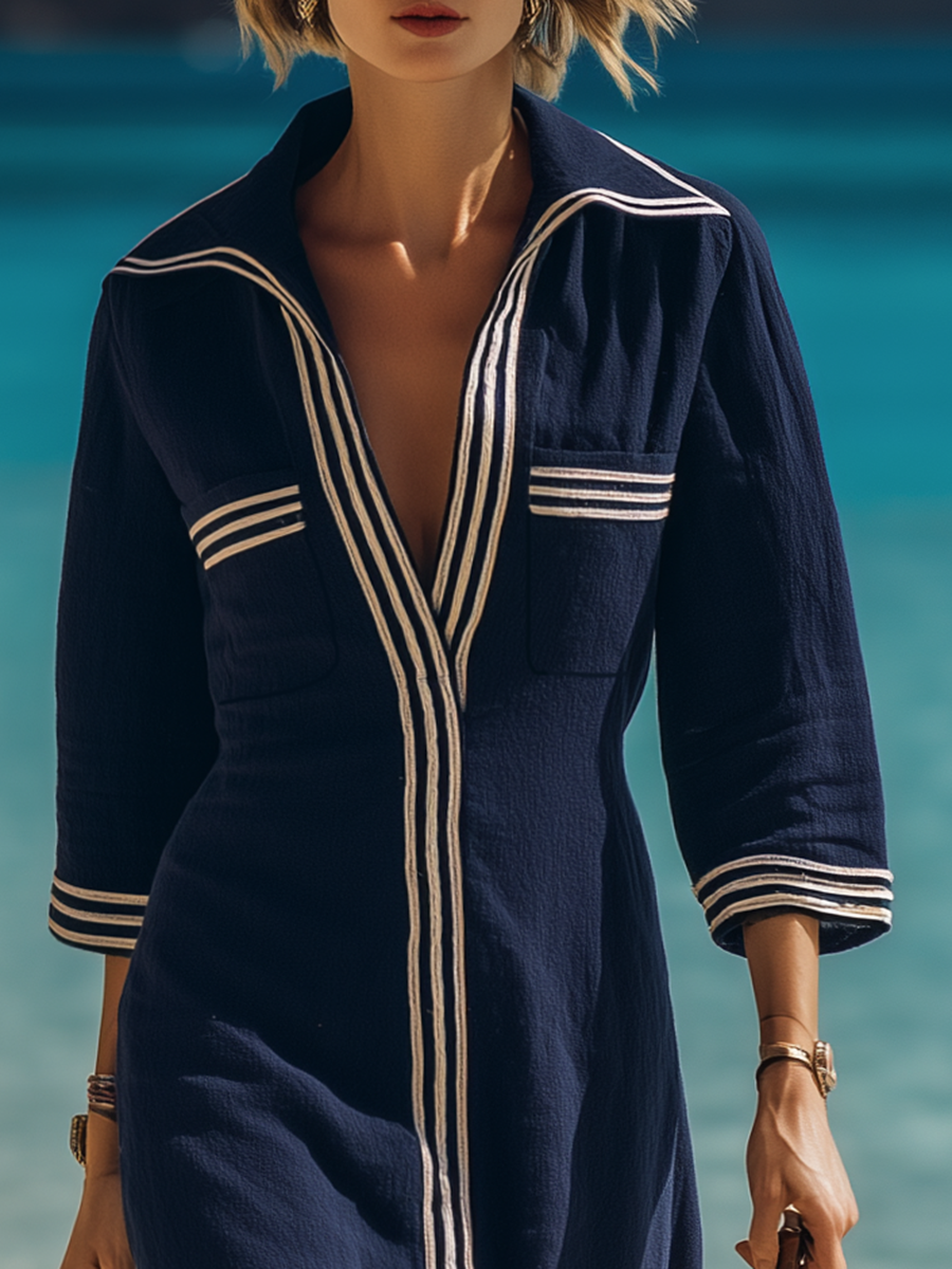 Casual Vacation Five-quarter Sleeve Navy Blue Cotton Midi Dress
