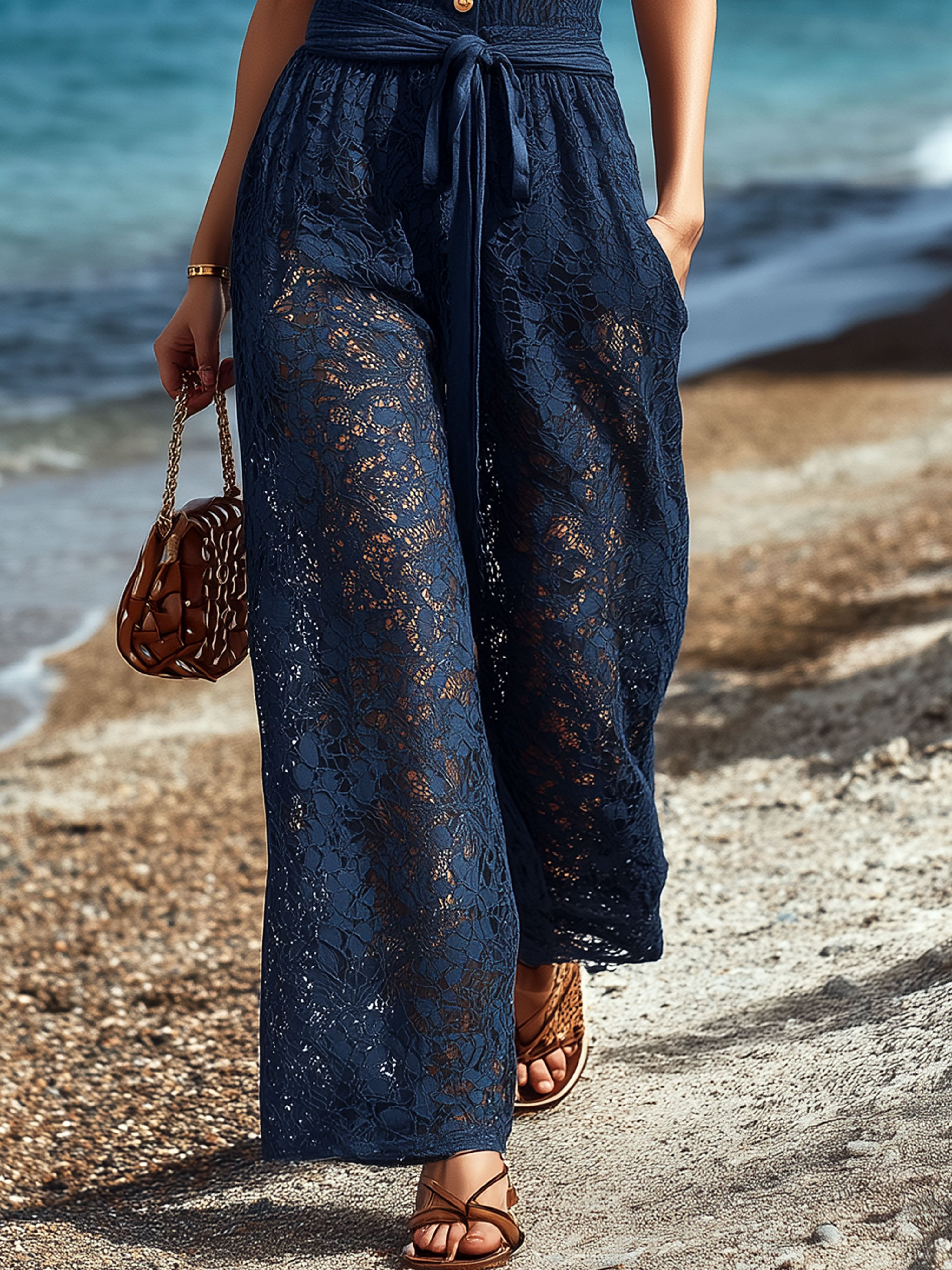 Resort-Style Navy Blue Lace V-Neck Halter With Gold Buttons Jumpsuit