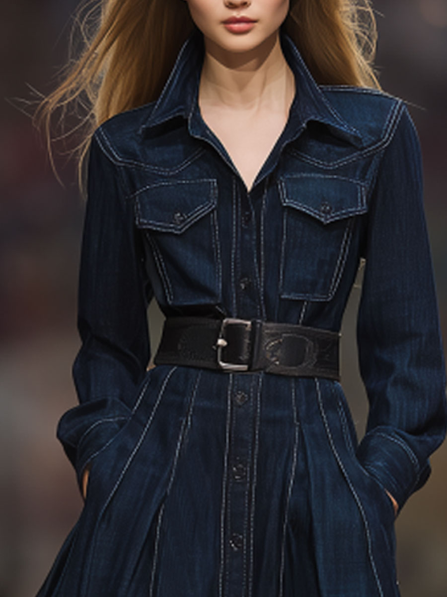 Vintage Dark Blue Washed Denim Lapel Waisted Long-Sleeved Mini Dress
