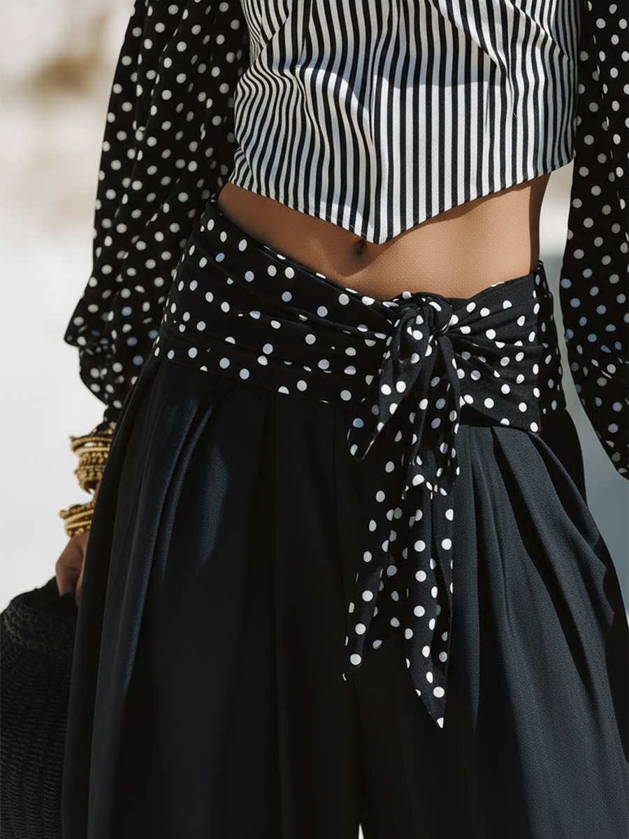 Bohemian Off-the-shoulder Polka Dot And Striped Patchwork Top With Black Wide-leg Pants Set