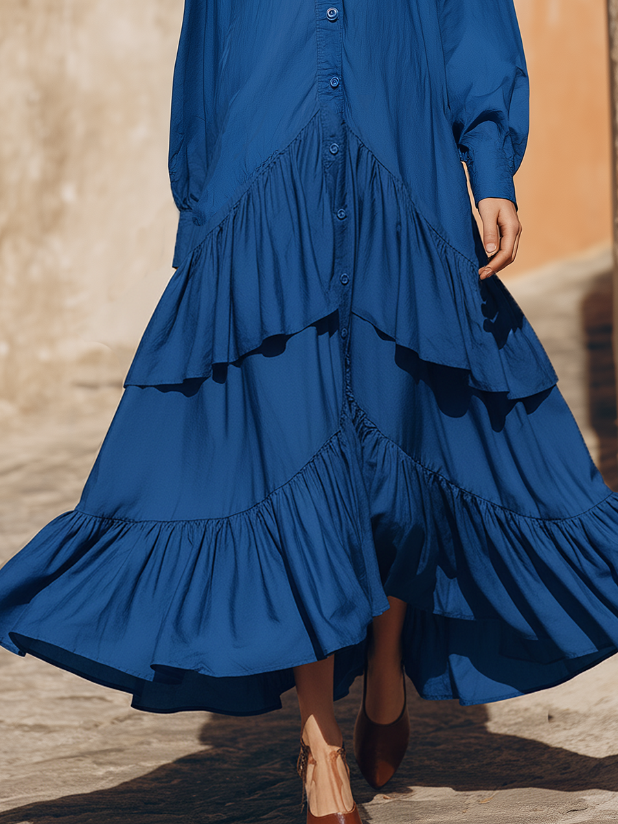 Loose-fitting Bohemian-style Ruffled Hem Royal Blue Cotton Maxi Dress