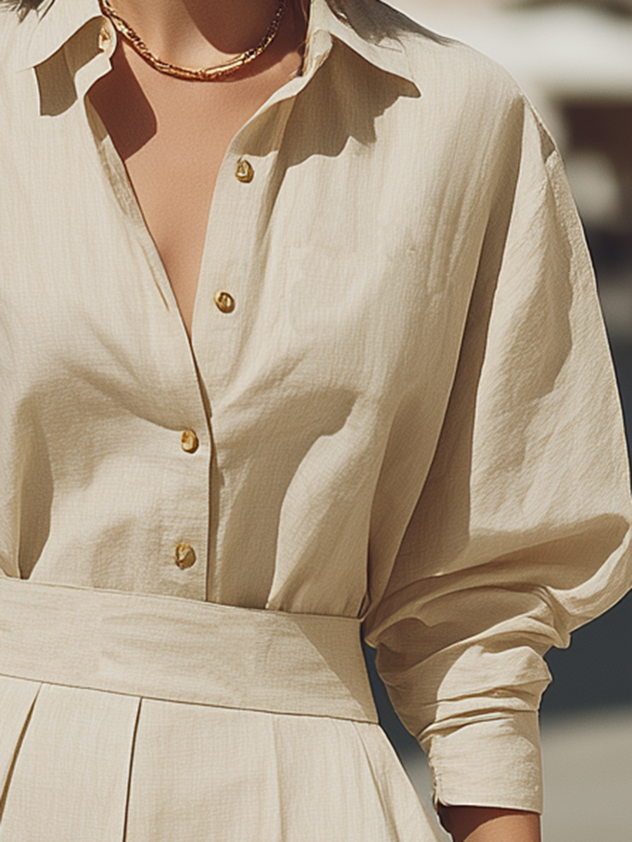 Vacation-style Cotton And Linen Long-sleeved Top And Skirt Set