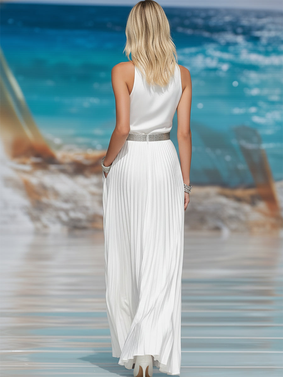 Luxury Resort White Pleated Satin V-Neck Rhinestone Belt Maxi Dress