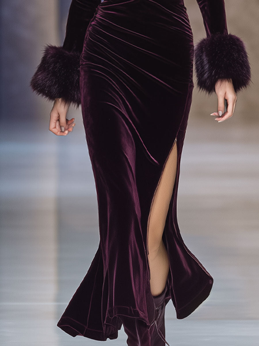 Fashionable And Elegant Burgundy Velvet Stitching Eco-Friendly Fur Cuffs Hooded Slit Midi Dress