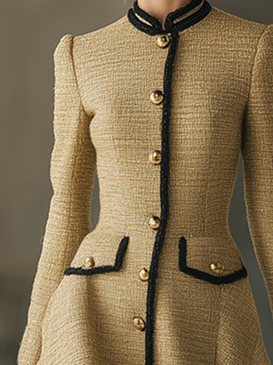 Elegant Commuter Light Yellow Tweed Hem Long-sleeved Midi Dress