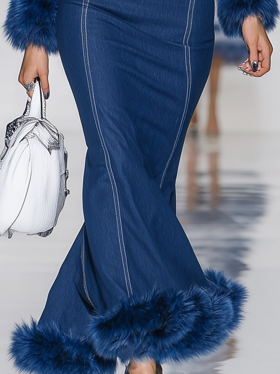 Blue Button-down Jacket And Skirt With Fur Suit