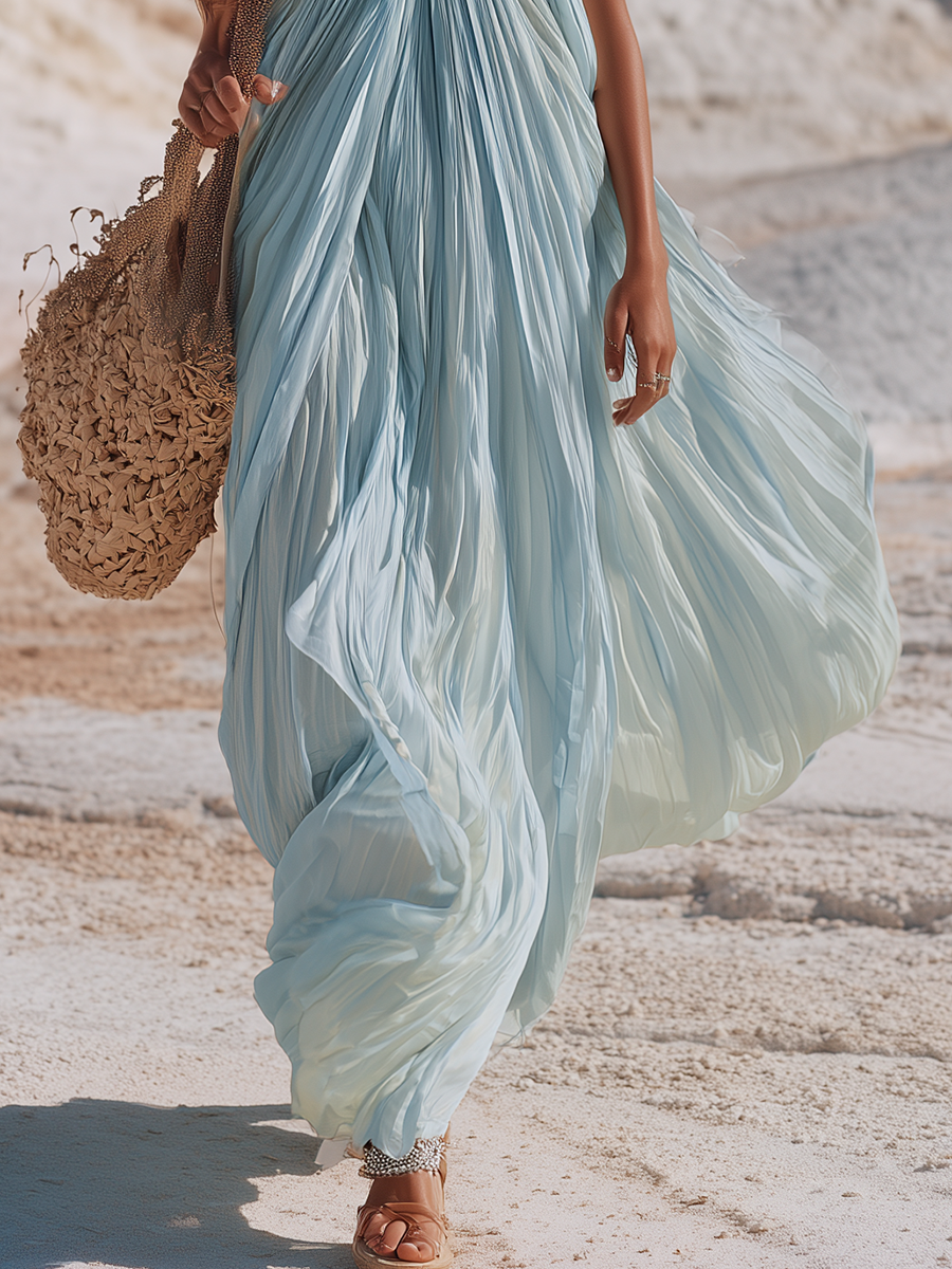 Romantic Vacation Style Silver-trimmed Neckline Pleated Hem Chiffon Maxi Dress