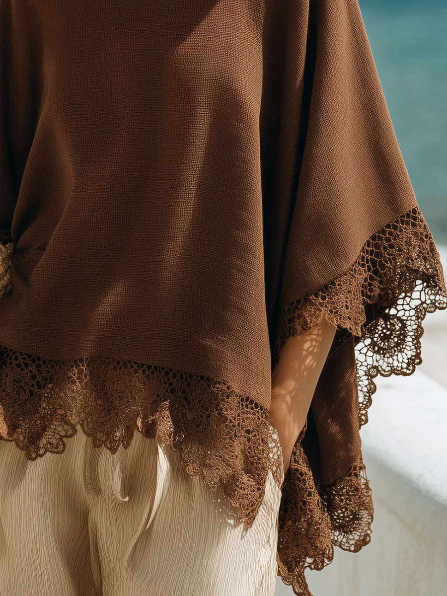 Loose And Stylish Lace Trim BrownTop