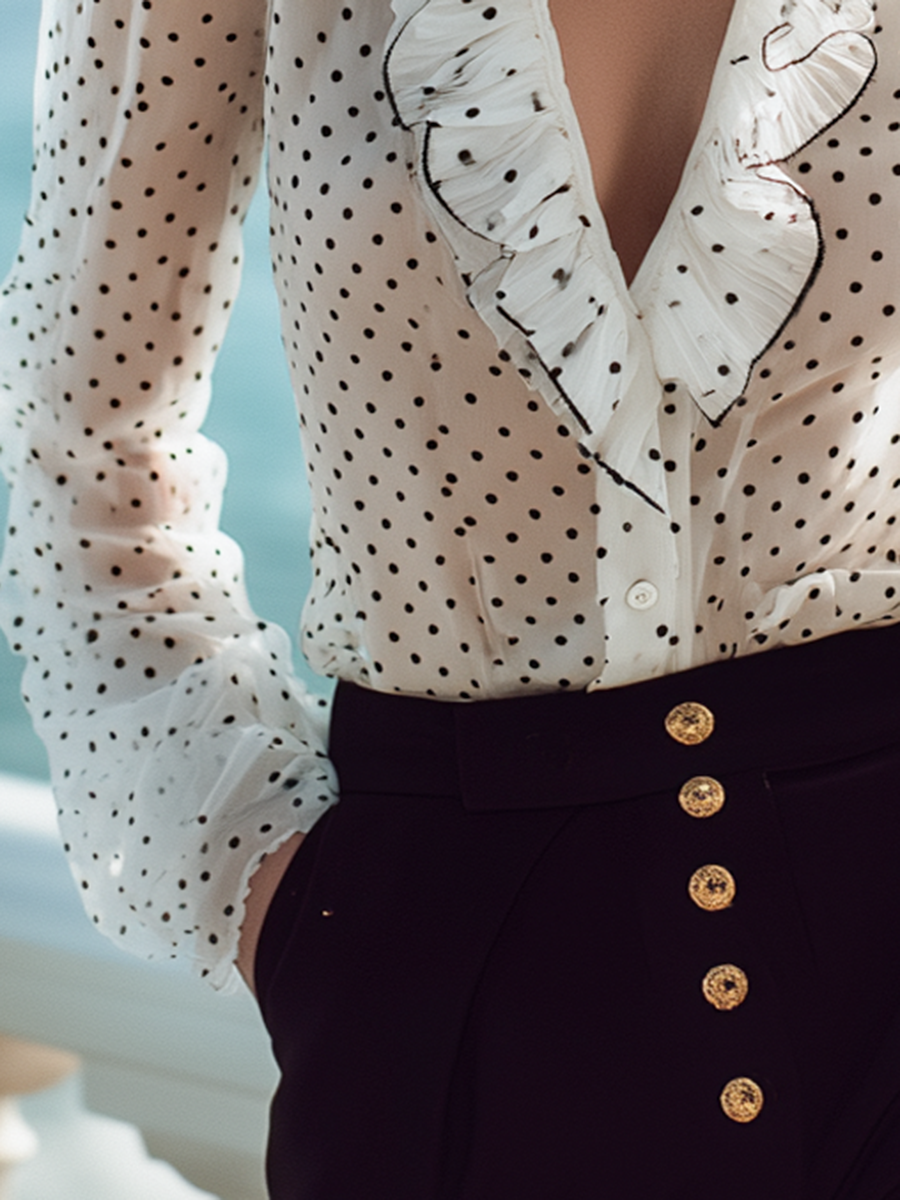 Elegant Polka Dot Ruffled V-neck Blouse