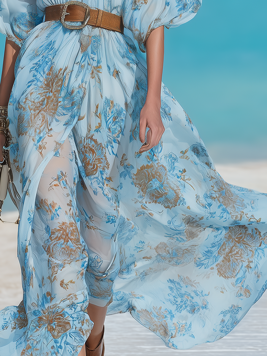V-neck Resort-style Chiffon Printed Maxi Dress