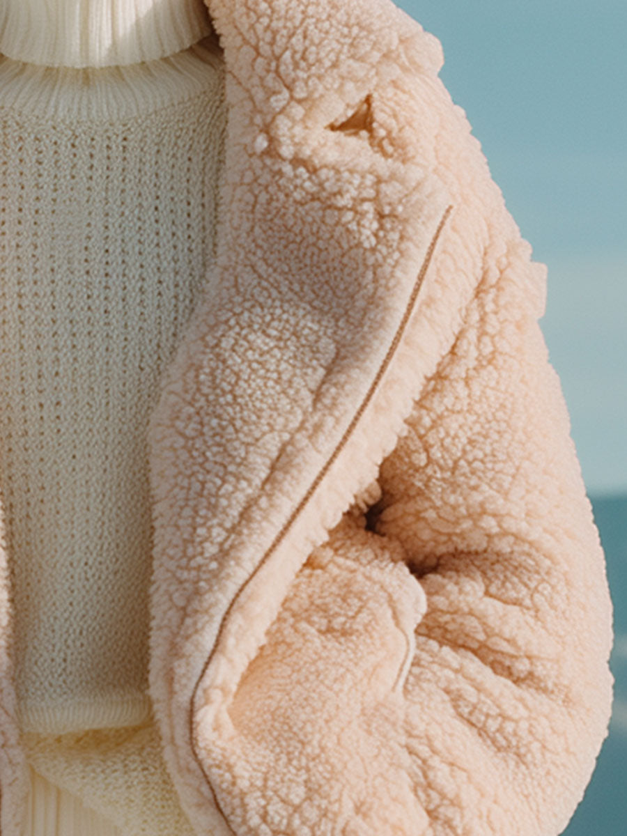 Fashion Retro Pink Lapel Zipper Short Wool Coat