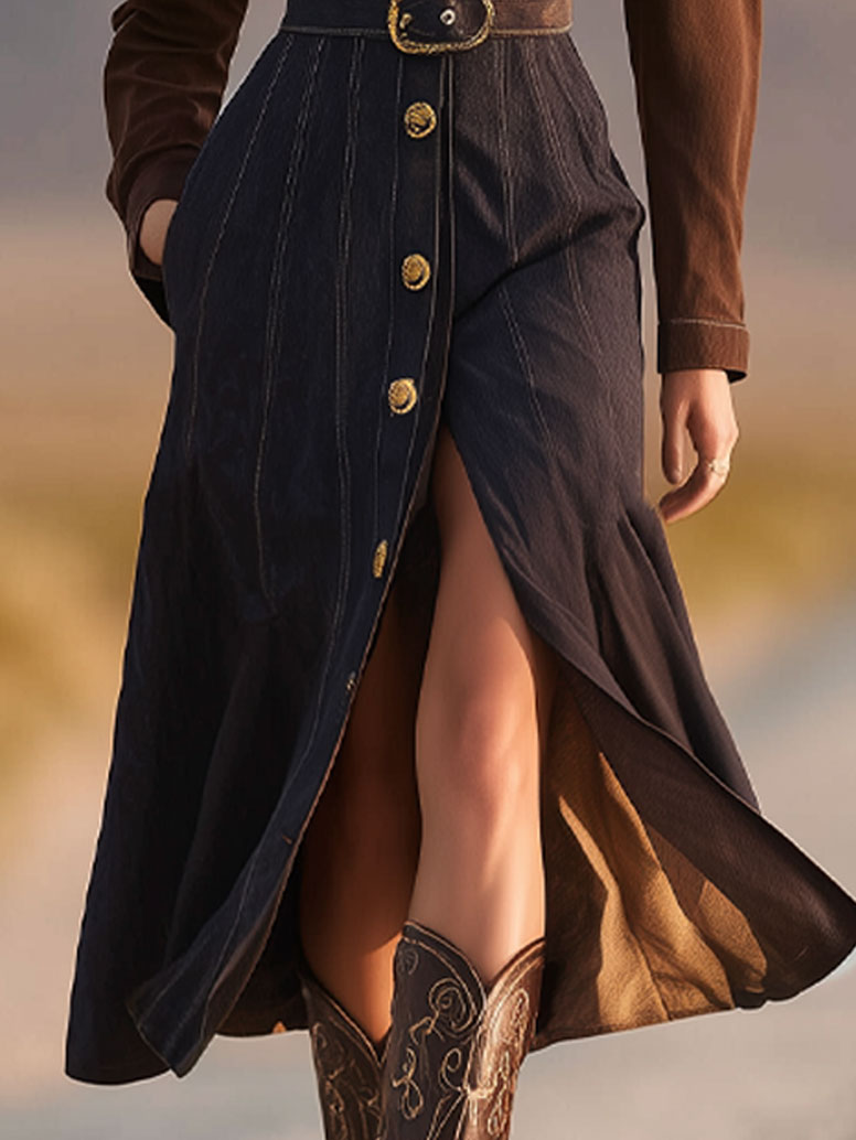 Retro Casual Dark Blue And Brown Washed Denim Lapel Open Waist Long Sleeve Midi Dress