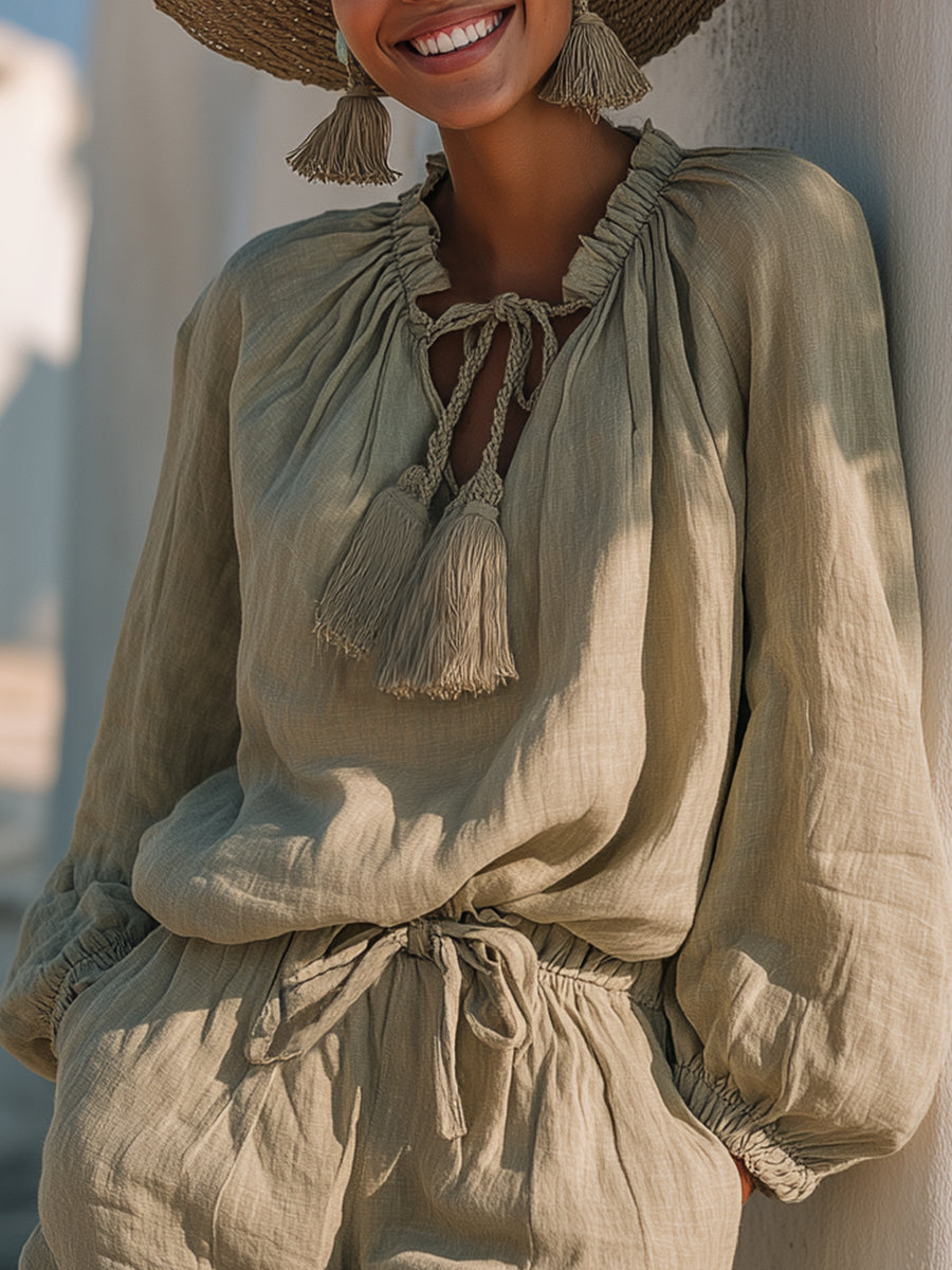 Bohemian Grey-green Cotton Linen Tie-up Tassel Lantern Sleeve Top And Shorts Set