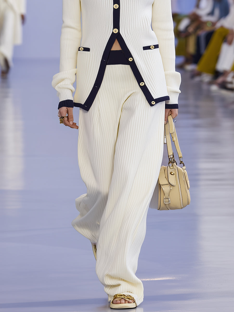 Elegant Nautical Style Navy Blue Trim Off-white Knitted Cardigan And Trousers Set