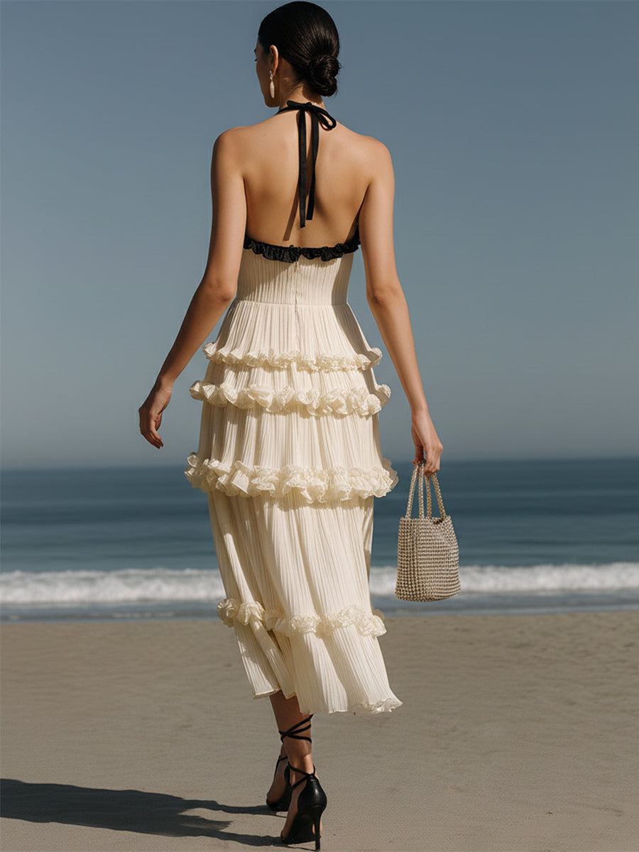 French Romantic Style Off-white Pleated Chiffon Halter Neck Ruffle Midi Dress