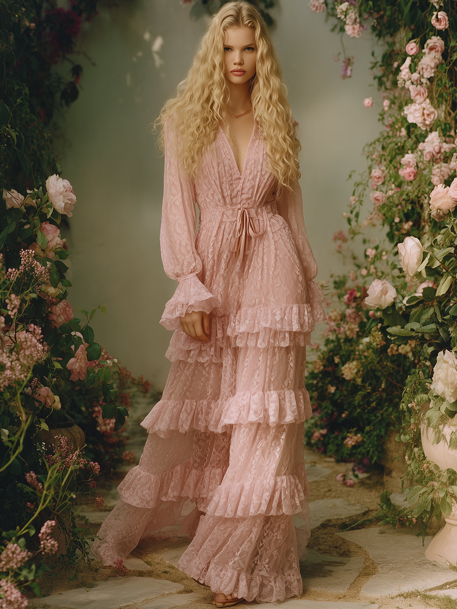 Romantic V-neck Pink Lace Multi-layered Ruffle Maxi Dress