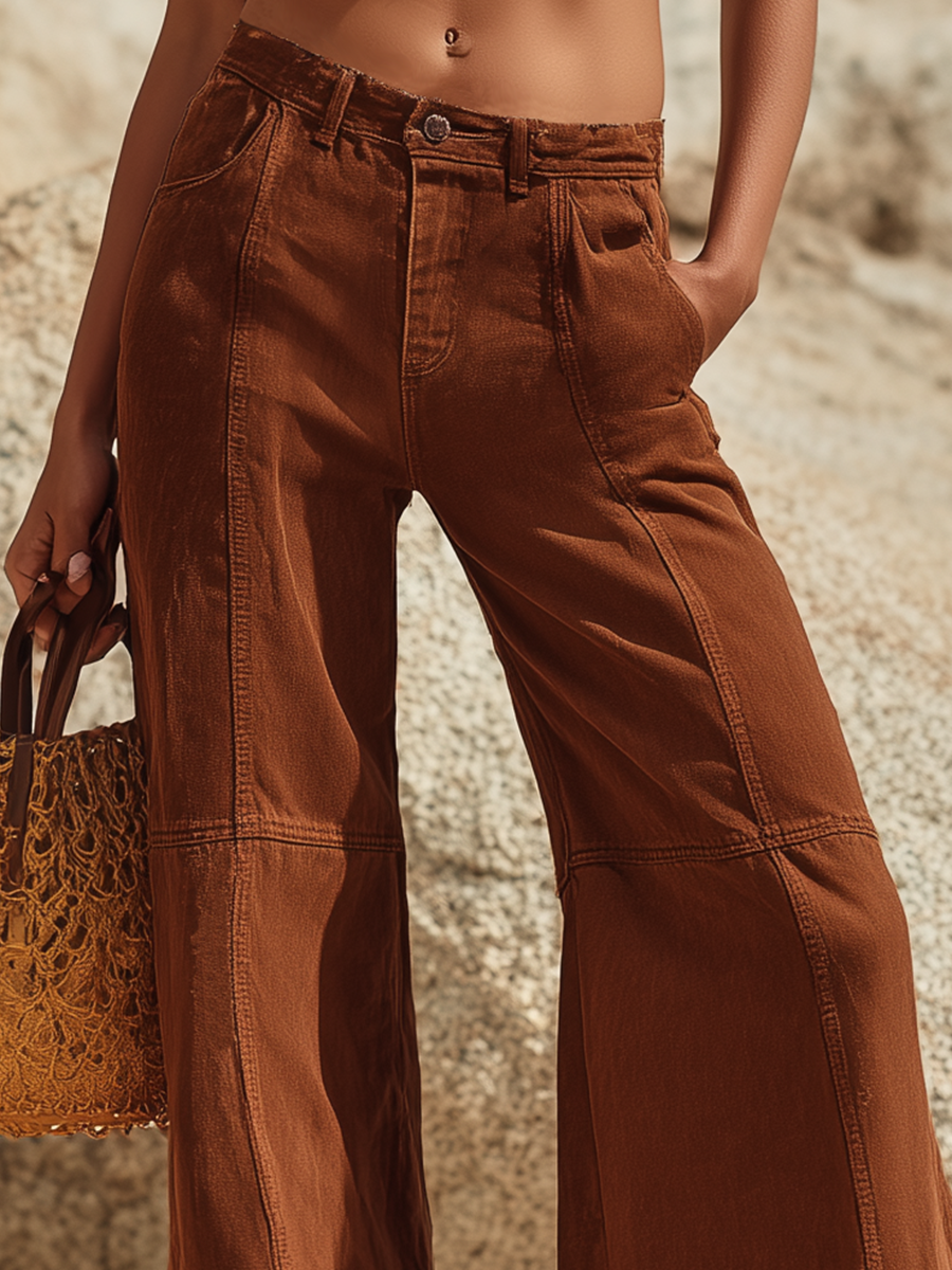Resort-style Brown Denim Patchwork Lace Trousers