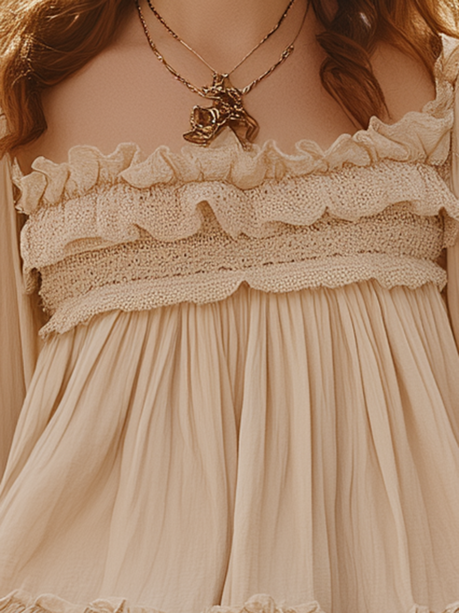 Beige Bohemian Style Long-sleeved Top And Shorts Set