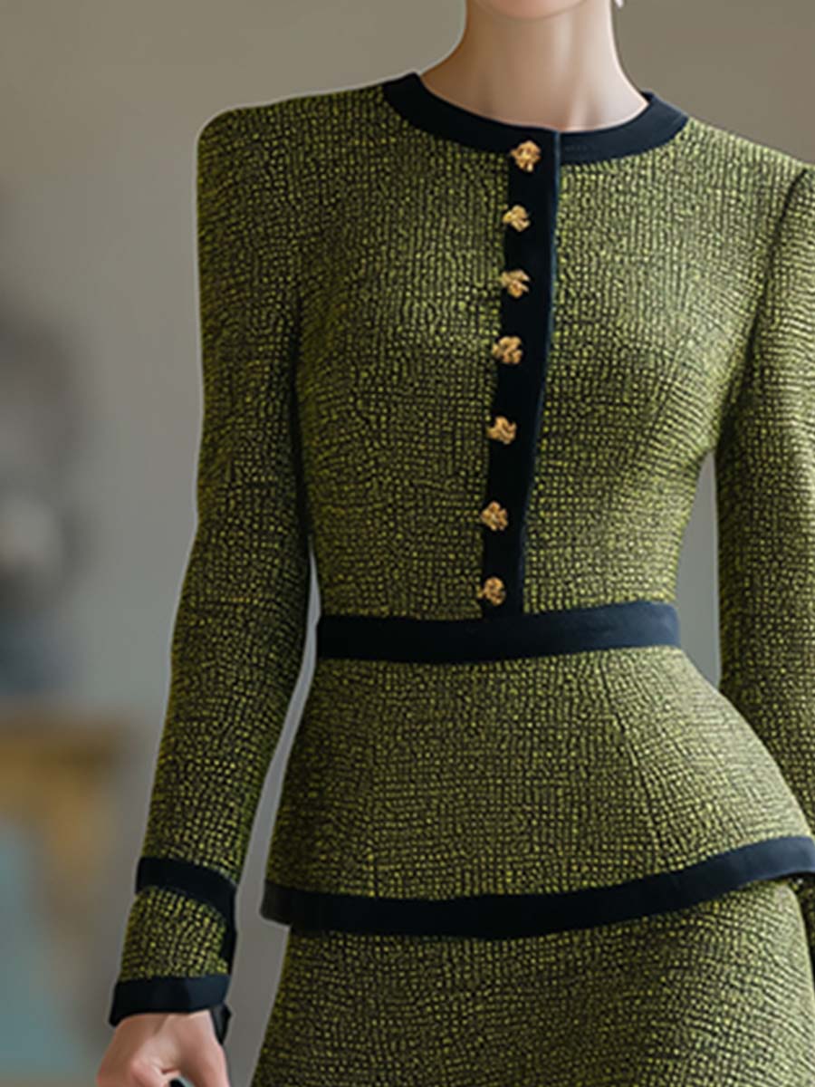 Vintage Hem Green Tweed Top And Skirt Set