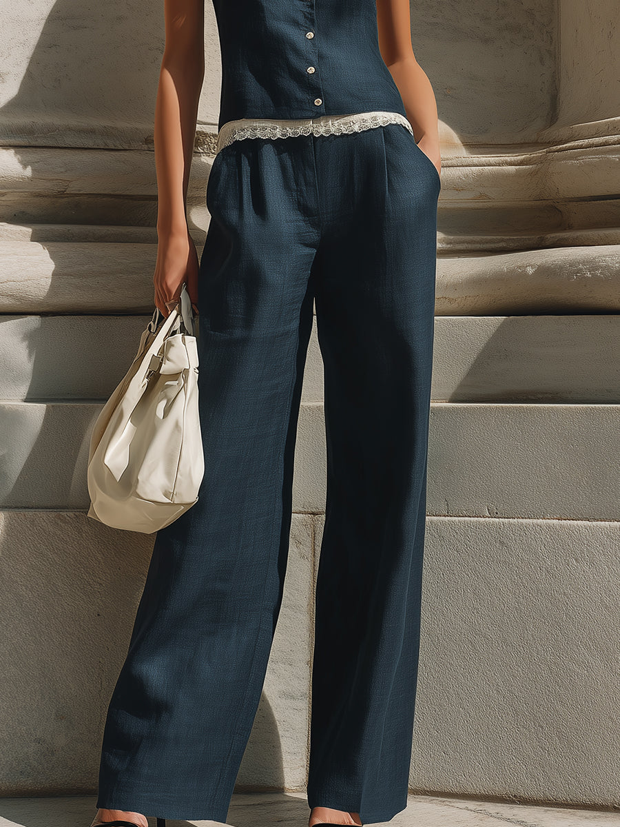 Stylish And Exquisite Navy Blue Cotton Linen Lace-trimmed Camisole And Wide-leg Pants Set